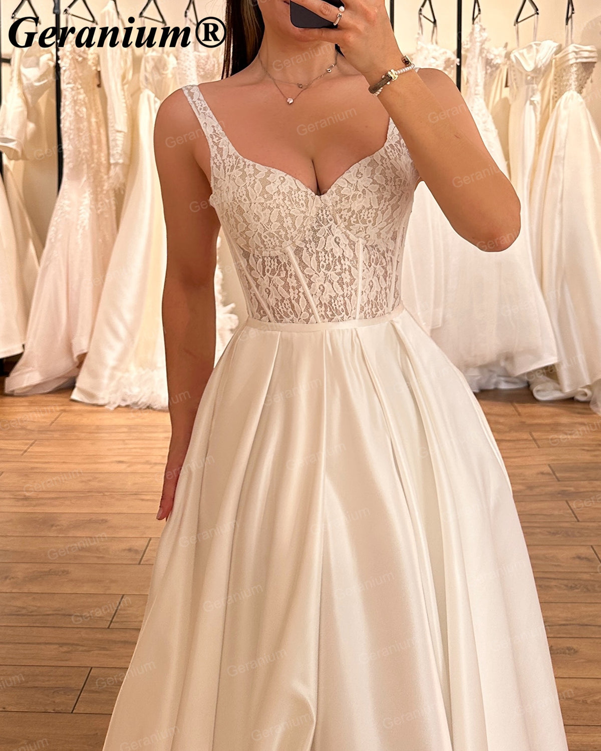 Geranium Sweetheart Lace Corset Satin A-Line Wedding Dress – GER129