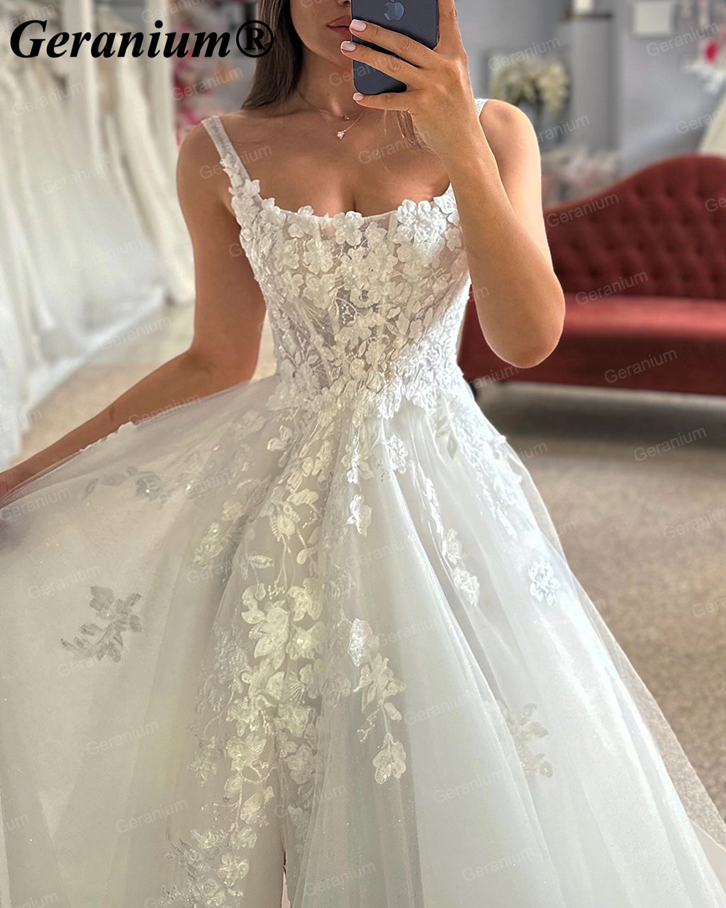 Geranium 3D Floral Scoop Neck A-Line Wedding Dress with Slit – GER130