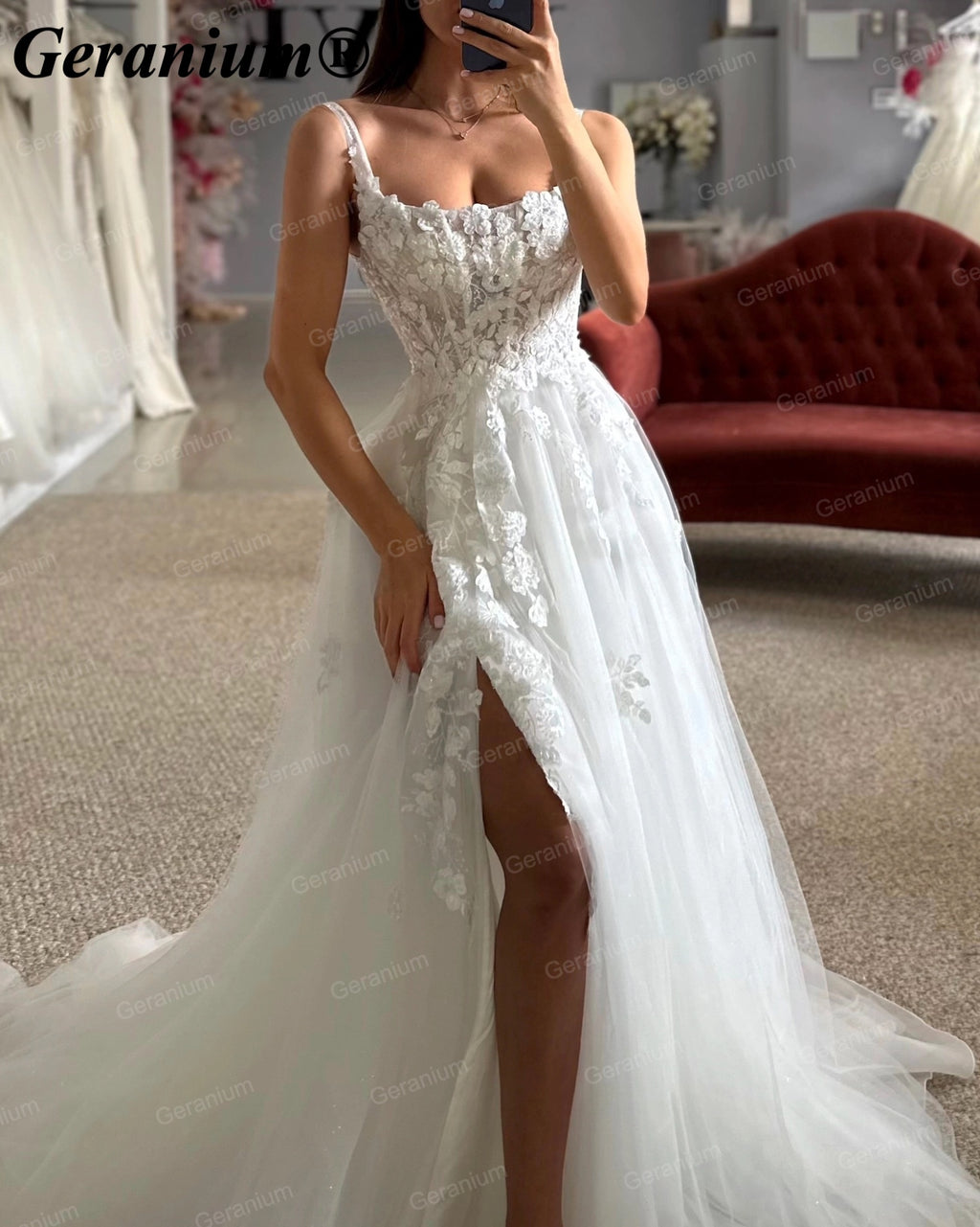 Geranium 3D Floral Scoop Neck A-Line Wedding Dress with Slit – GER130
