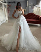 Geranium 3D Floral Scoop Neck A-Line Wedding Dress with Slit – GER130