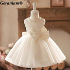 Geranium Ivory Pearl Tulle Flower Girl Dress with Oversized Bow – KD-41