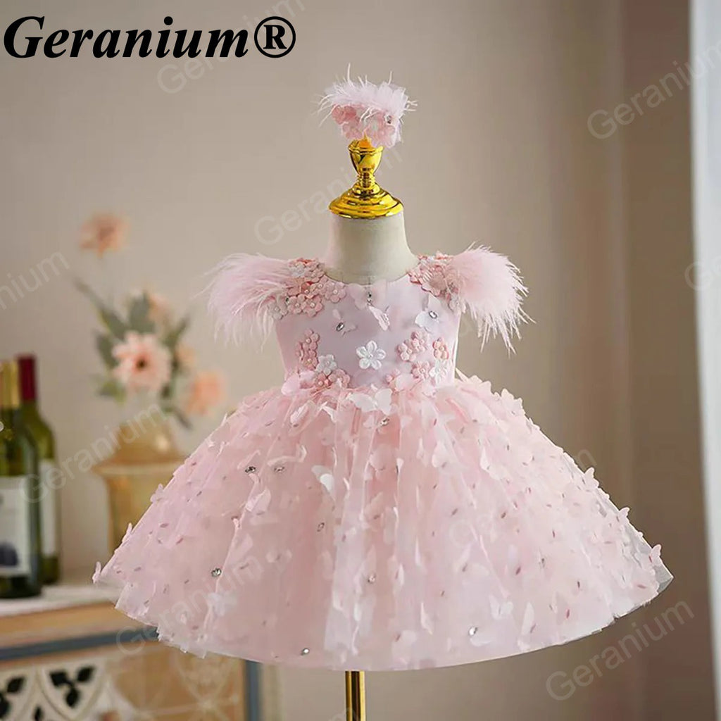 Geranium 3D Butterfly Tulle Toddler Party Dress with Feather Shoulders & Oversized Bow – KD-52