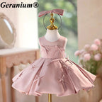 Geranium Elegant Dusty Pink Satin Bow Toddler Girl Princess Dress - Pleated Party Gown for Birthdays & Weddings KD-50