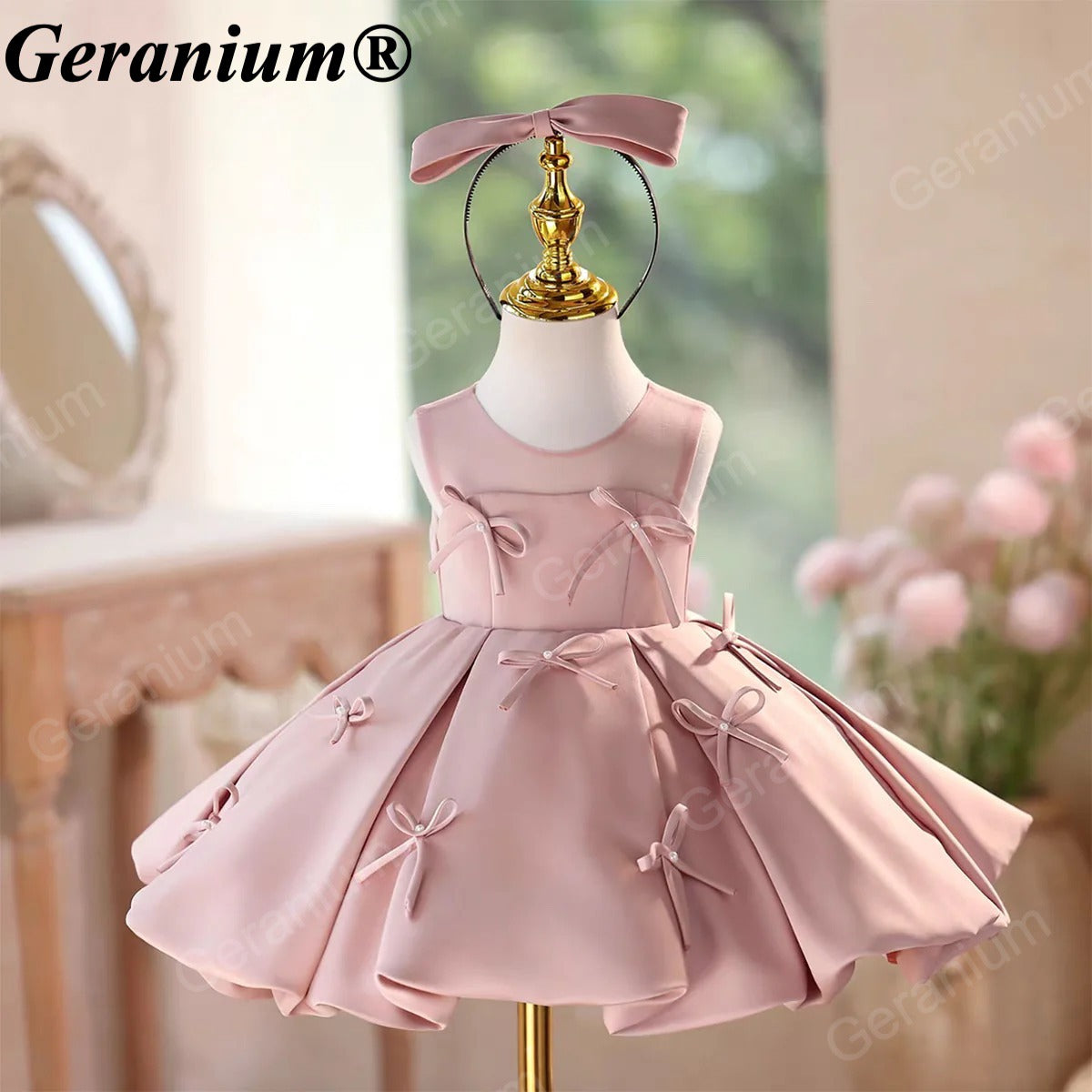 Geranium Elegant Dusty Pink Satin Bow Toddler Girl Princess Dress - Pleated Party Gown for Birthdays & Weddings KD-50