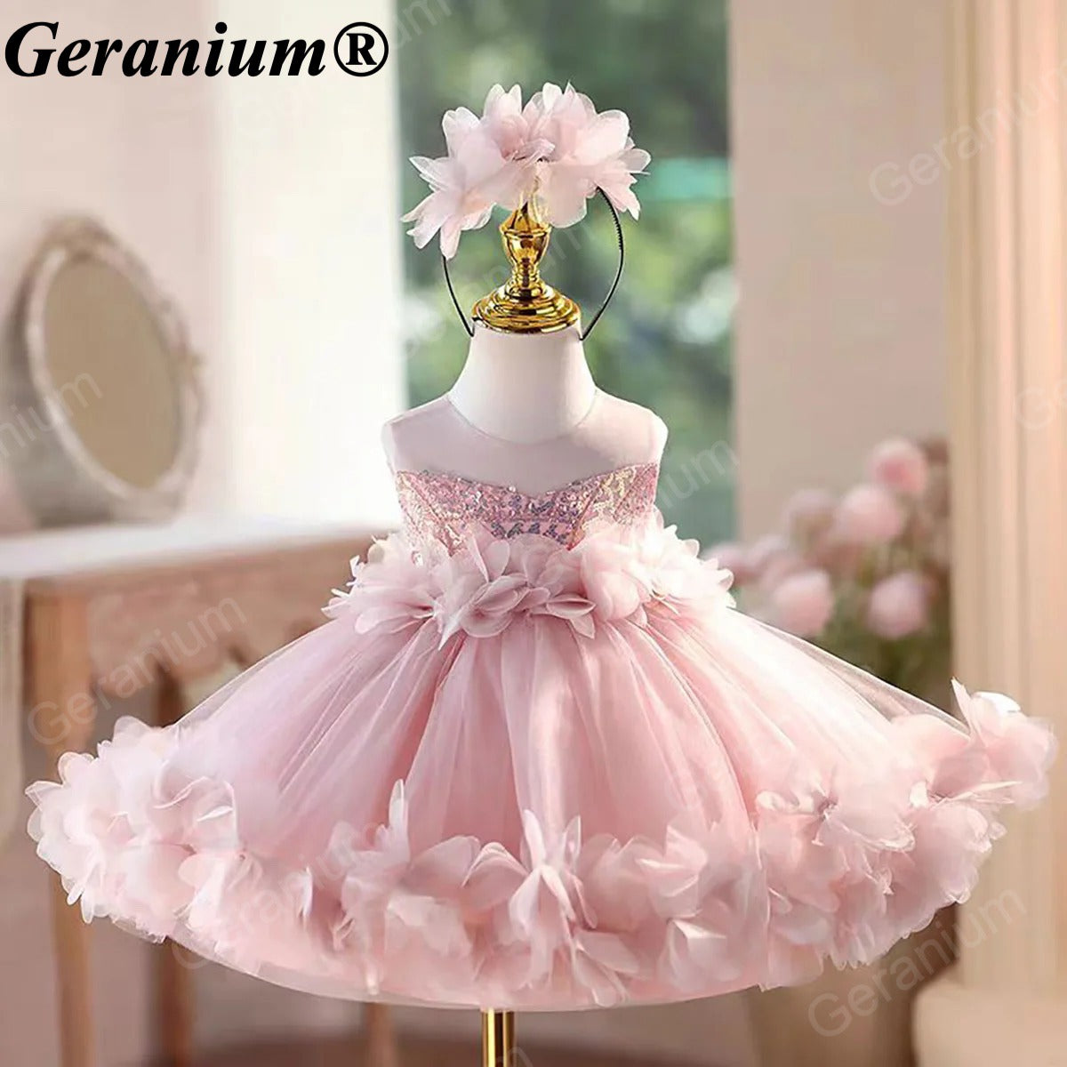 Geranium Toddler Girl Pink Sequin 3D Floral Petal Tulle Dress - Elegant Princess Ball Gown for Weddings & Birthdays KD-51