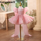 Geranium Sparkling Pink Sequin Toddler Princess Tutu Dress - Puffy Sleeves with Grand Back Bow & Streamers - Birthday & Flower Girl Gown KD-48