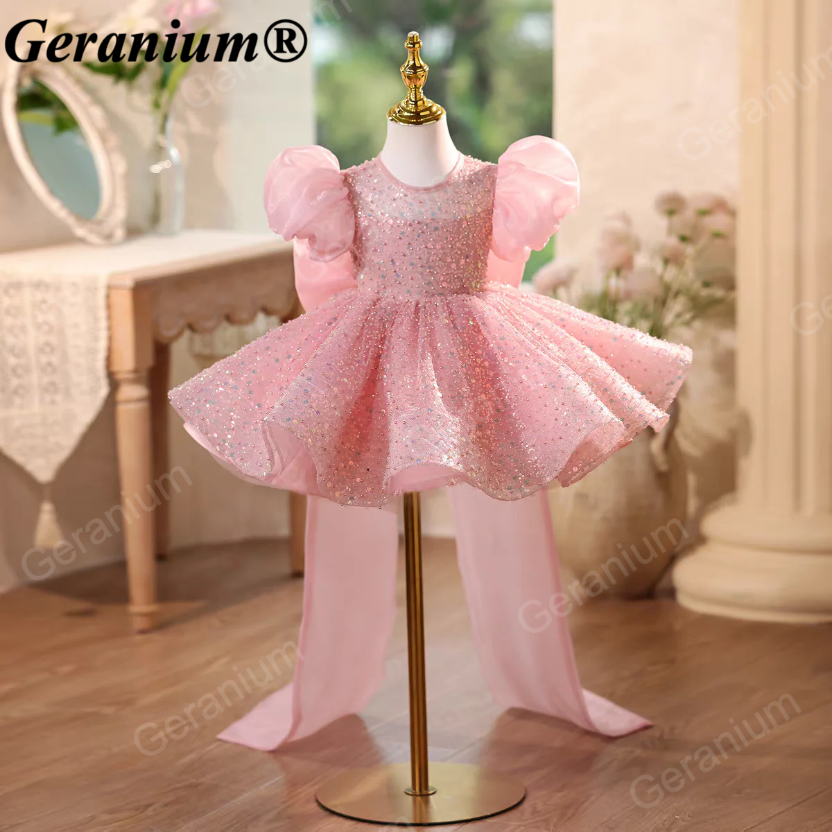Geranium Sparkling Pink Sequin Toddler Princess Tutu Dress - Puffy Sleeves with Grand Back Bow & Streamers - Birthday & Flower Girl Gown KD-48
