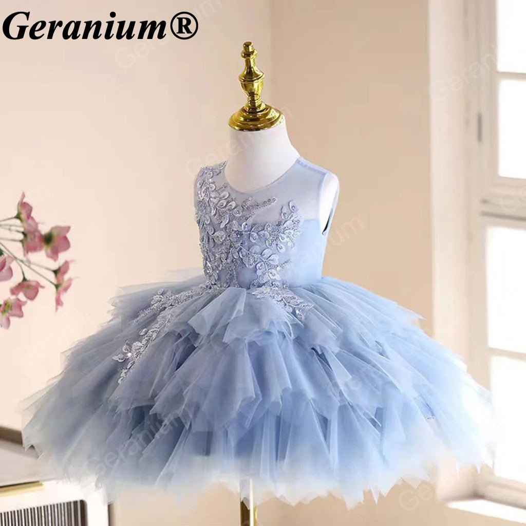Geranium Elegant Sky Blue Tulle Flower Girl Dress - Ruffled Tiered Lace Party Gown for Toddlers & Infants KD-49