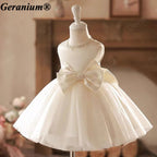 Geranium Ivory Pearl Tulle Flower Girl Dress with Oversized Bow – KD-41