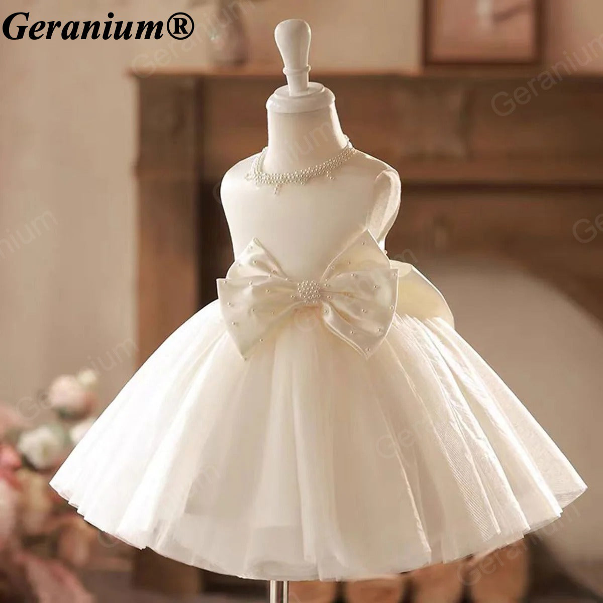 Geranium Ivory Pearl Tulle Flower Girl Dress with Oversized Bow – KD-41