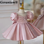 Geranium Elegant Toddler Girl Dusty Pink Satin Party Dress - Pearl Illusion Neckline Princess Gown with Statement Back Bow KD-46