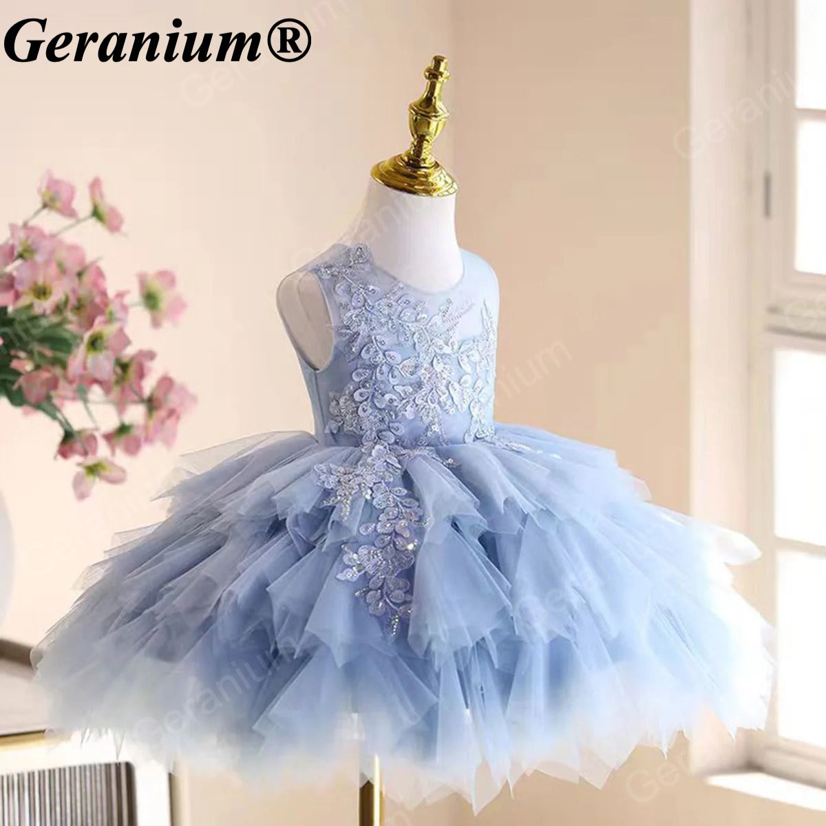Geranium Elegant Sky Blue Tulle Flower Girl Dress - Ruffled Tiered Lace Party Gown for Toddlers & Infants KD-49