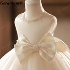 Geranium Ivory Pearl Tulle Flower Girl Dress with Oversized Bow – KD-41