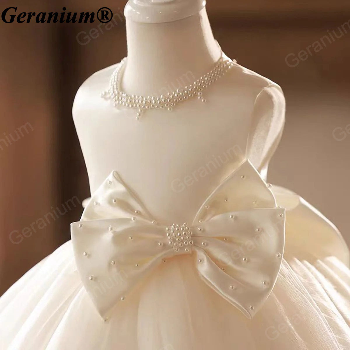 Geranium Ivory Pearl Tulle Flower Girl Dress with Oversized Bow – KD-41