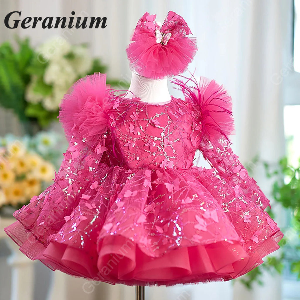 Geranium Pink Butterfly Lace Flower Girl Dress – Puffy Princess Tulle Birthday Party Dress for Girls KD-53