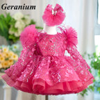 Geranium Pink Butterfly Lace Flower Girl Dress – Puffy Princess Tulle Birthday Party Dress for Girls KD-53