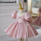 Geranium Elegant Toddler Girl Dusty Pink Satin Party Dress - Pearl Illusion Neckline Princess Gown with Statement Back Bow KD-46