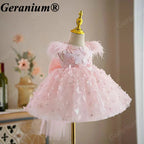 Geranium 3D Butterfly Tulle Toddler Party Dress with Feather Shoulders & Oversized Bow – KD-52