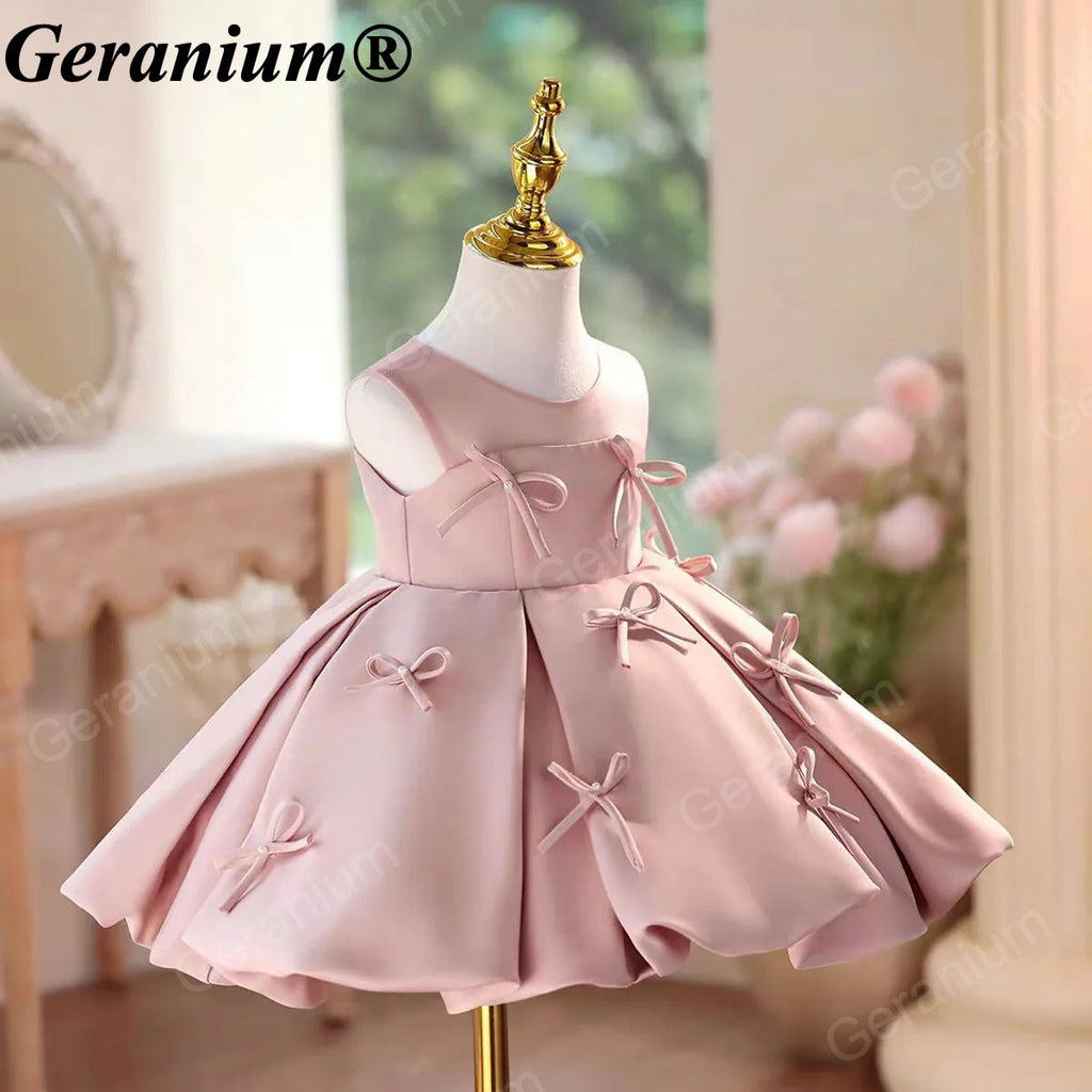 Geranium Elegant Dusty Pink Satin Bow Toddler Girl Princess Dress - Pleated Party Gown for Birthdays & Weddings KD-50