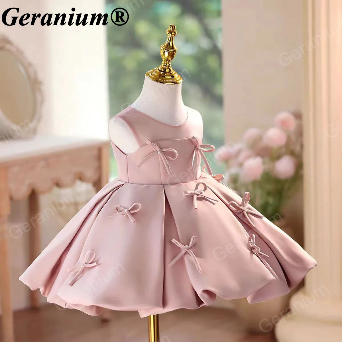 Geranium Elegant Dusty Pink Satin Bow Toddler Girl Princess Dress - Pleated Party Gown for Birthdays & Weddings KD-50