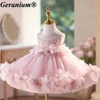 Geranium Toddler Girl Pink Sequin 3D Floral Petal Tulle Dress - Elegant Princess Ball Gown for Weddings & Birthdays KD-51