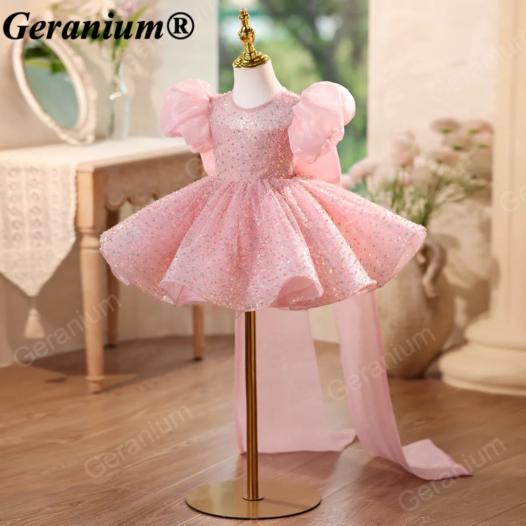 Geranium Sparkling Pink Sequin Toddler Princess Tutu Dress - Puffy Sleeves with Grand Back Bow & Streamers - Birthday & Flower Girl Gown KD-48