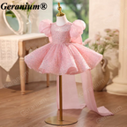 Geranium Sparkling Pink Sequin Toddler Princess Tutu Dress - Puffy Sleeves with Grand Back Bow & Streamers - Birthday & Flower Girl Gown KD-48