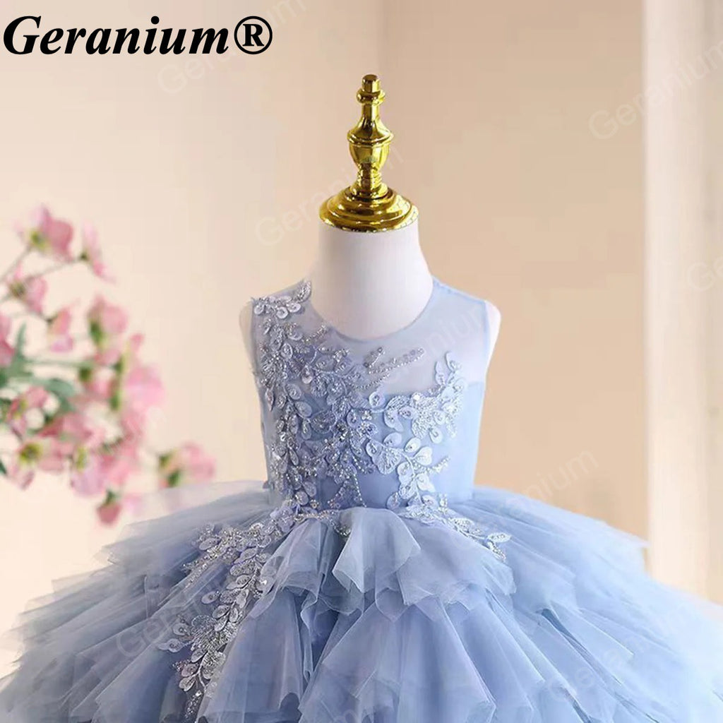 Geranium Elegant Sky Blue Tulle Flower Girl Dress - Ruffled Tiered Lace Party Gown for Toddlers & Infants KD-49