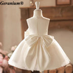 Geranium Ivory Pearl Tulle Flower Girl Dress with Oversized Bow – KD-41