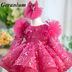 Geranium Pink Butterfly Lace Flower Girl Dress – Puffy Princess Tulle Birthday Party Dress for Girls KD-53