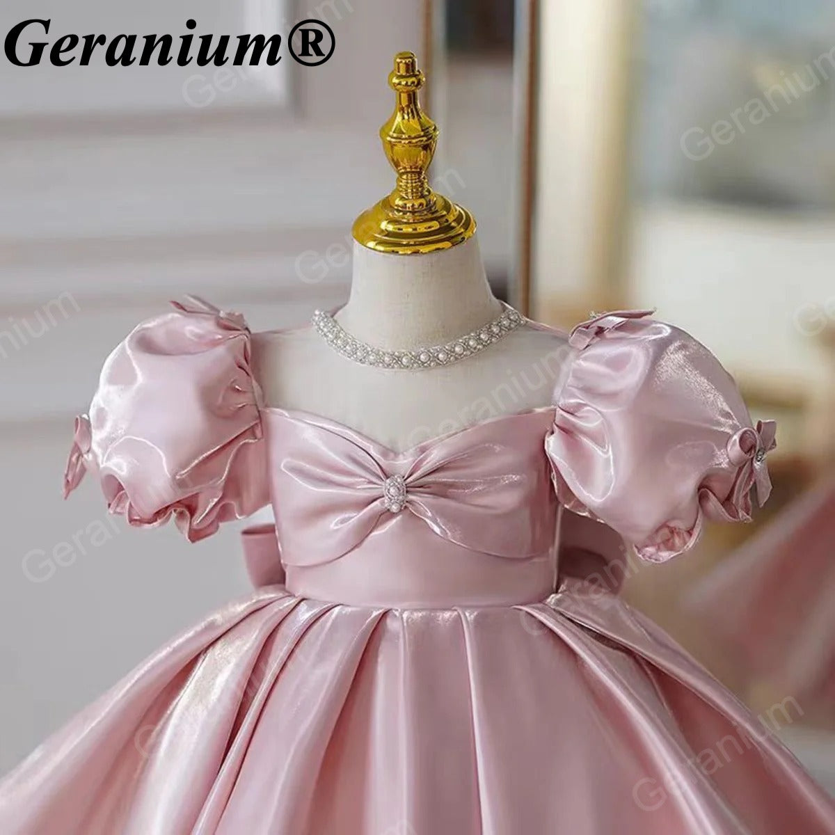 Geranium Elegant Toddler Girl Dusty Pink Satin Party Dress - Pearl Illusion Neckline Princess Gown with Statement Back Bow KD-46