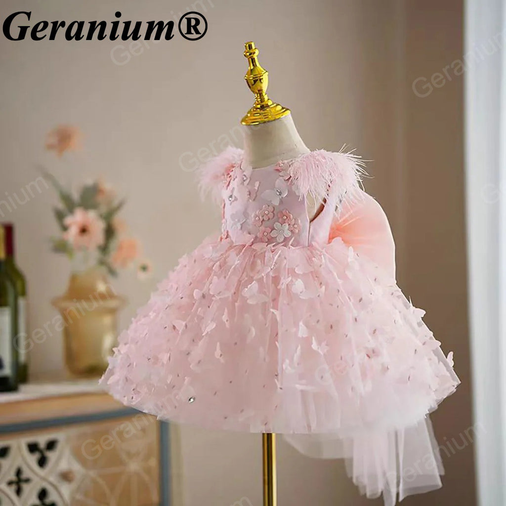Geranium 3D Butterfly Tulle Toddler Party Dress with Feather Shoulders & Oversized Bow – KD-52