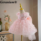 Geranium 3D Butterfly Tulle Toddler Party Dress with Feather Shoulders & Oversized Bow – KD-52