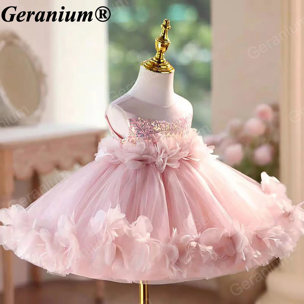 Geranium Toddler Girl Pink Sequin 3D Floral Petal Tulle Dress - Elegant Princess Ball Gown for Weddings & Birthdays KD-51