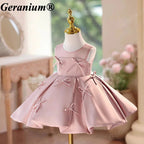 Geranium Elegant Dusty Pink Satin Bow Toddler Girl Princess Dress - Pleated Party Gown for Birthdays & Weddings KD-50