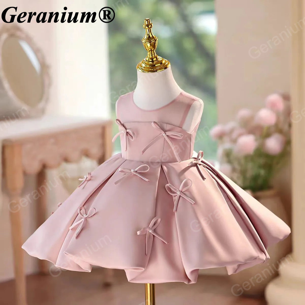 Geranium Elegant Dusty Pink Satin Bow Toddler Girl Princess Dress - Pleated Party Gown for Birthdays & Weddings KD-50