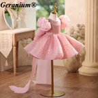 Geranium Sparkling Pink Sequin Toddler Princess Tutu Dress - Puffy Sleeves with Grand Back Bow & Streamers - Birthday & Flower Girl Gown KD-48