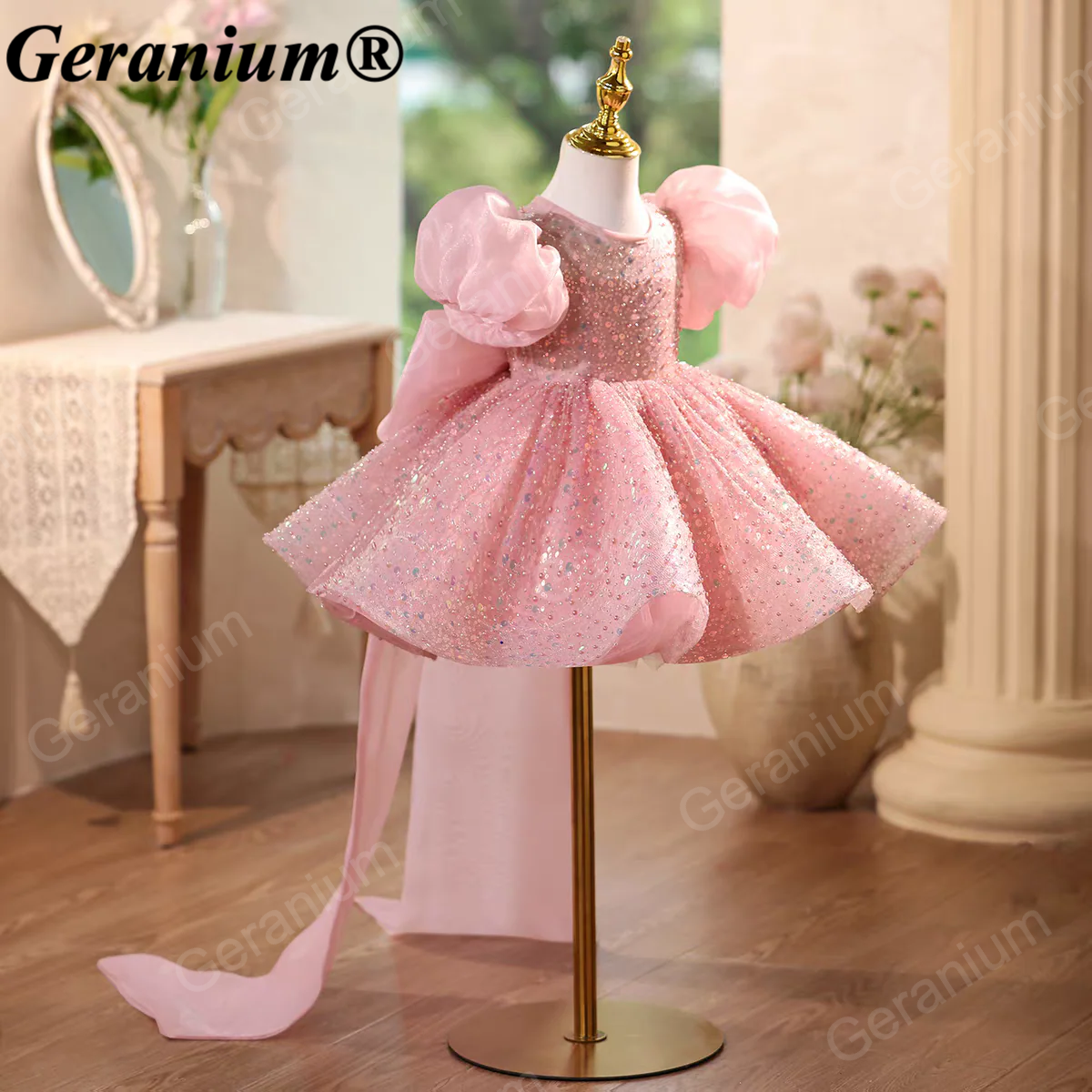 Geranium Sparkling Pink Sequin Toddler Princess Tutu Dress - Puffy Sleeves with Grand Back Bow & Streamers - Birthday & Flower Girl Gown KD-48