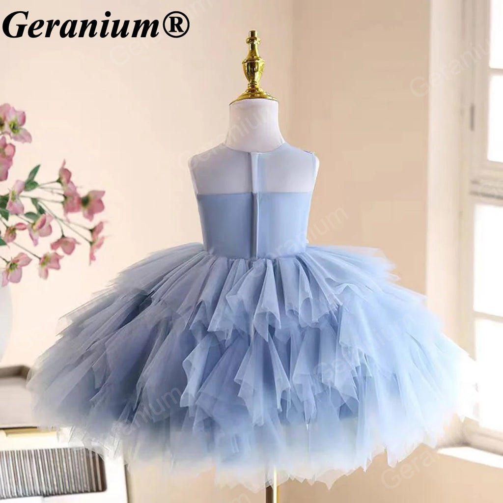 Geranium Elegant Sky Blue Tulle Flower Girl Dress - Ruffled Tiered Lace Party Gown for Toddlers & Infants KD-49
