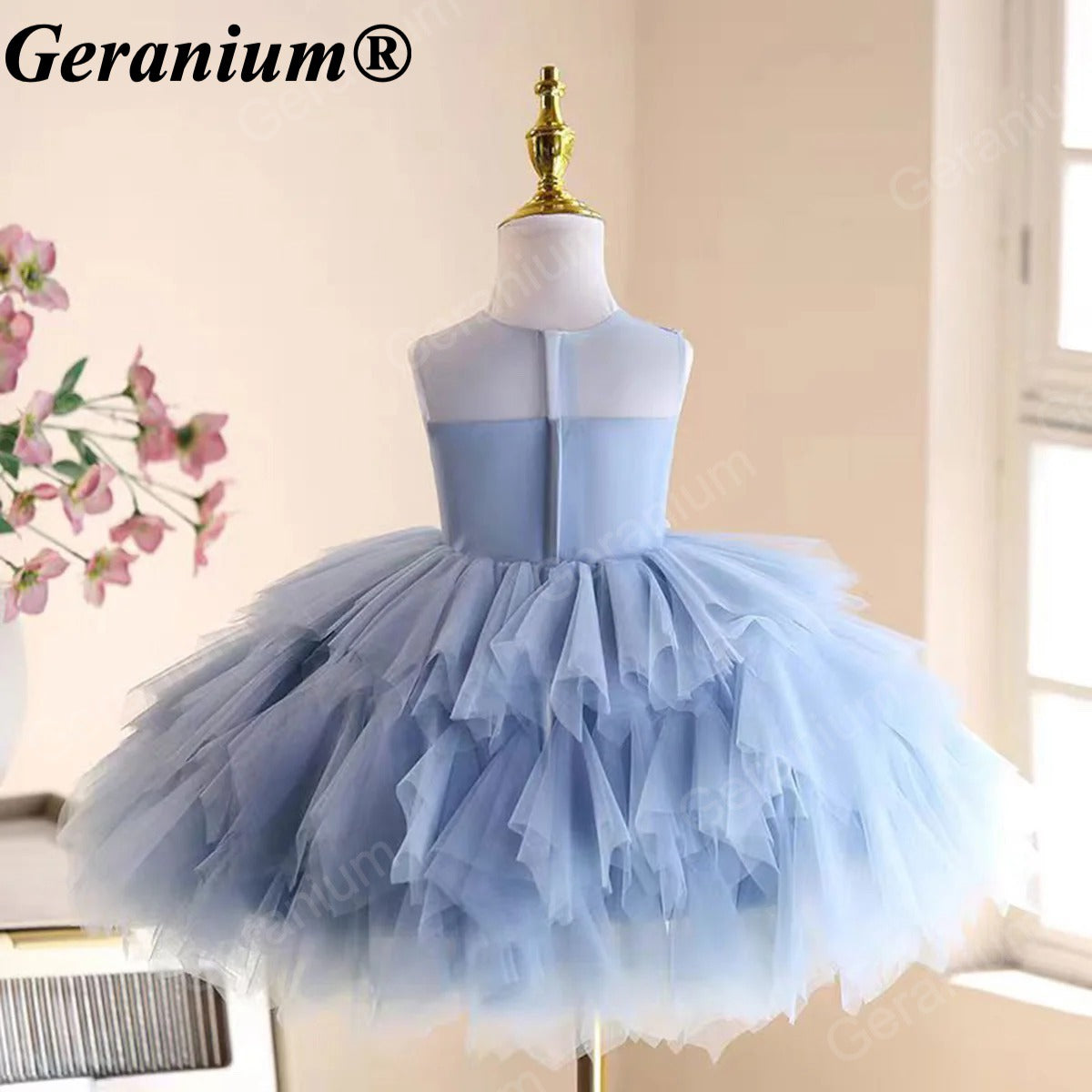 Geranium Elegant Sky Blue Tulle Flower Girl Dress - Ruffled Tiered Lace Party Gown for Toddlers & Infants KD-49