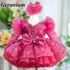 Geranium Pink Butterfly Lace Flower Girl Dress – Puffy Princess Tulle Birthday Party Dress for Girls KD-53