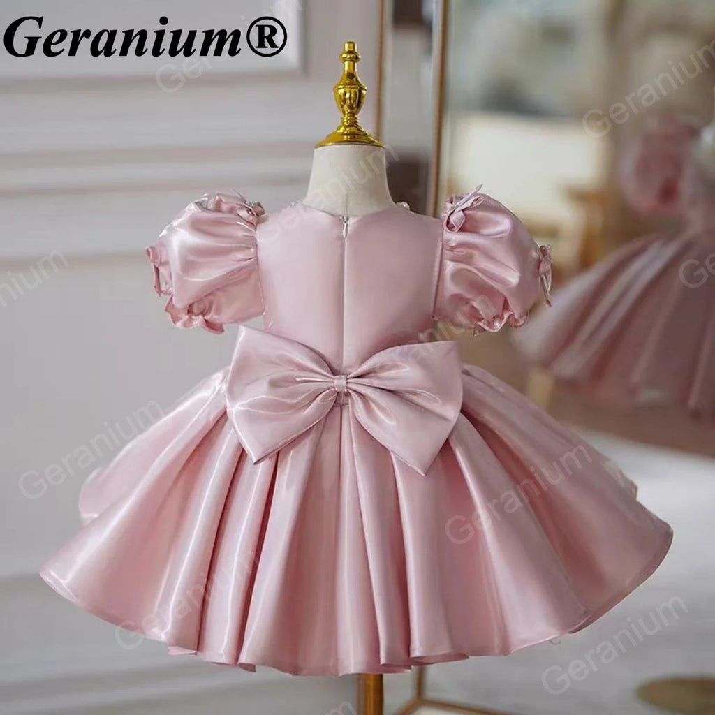 Geranium Elegant Toddler Girl Dusty Pink Satin Party Dress - Pearl Illusion Neckline Princess Gown with Statement Back Bow KD-46