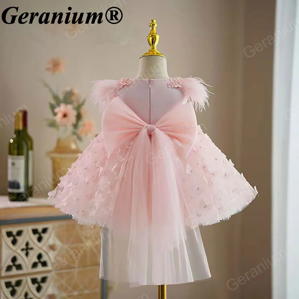 Geranium 3D Butterfly Tulle Toddler Party Dress with Feather Shoulders & Oversized Bow – KD-52