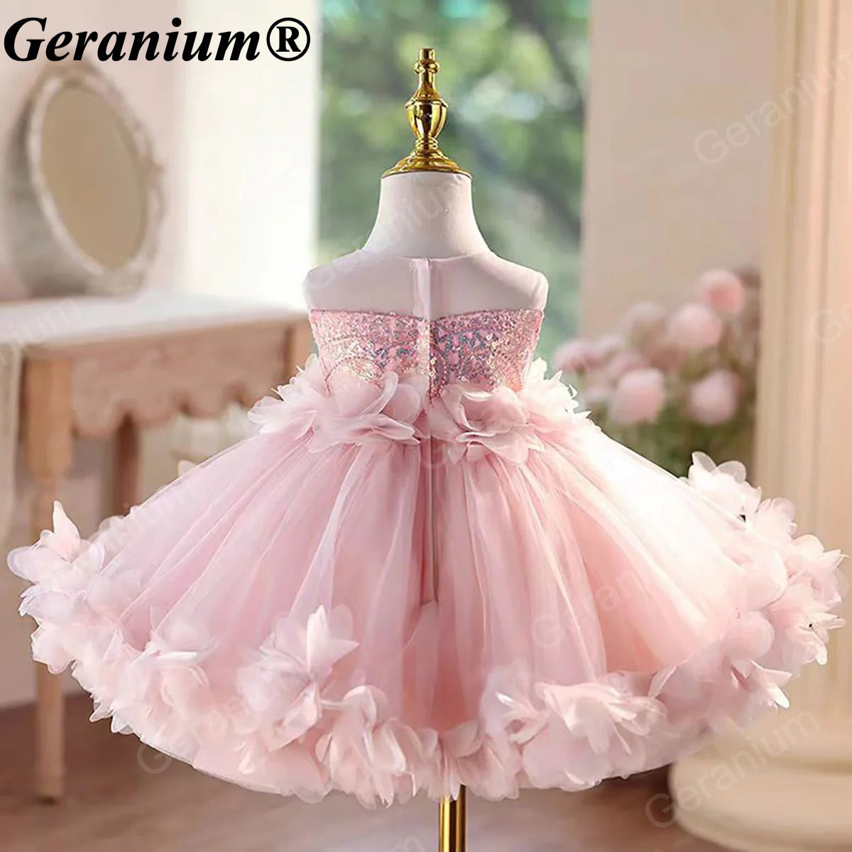 Geranium Toddler Girl Pink Sequin 3D Floral Petal Tulle Dress - Elegant Princess Ball Gown for Weddings & Birthdays KD-51