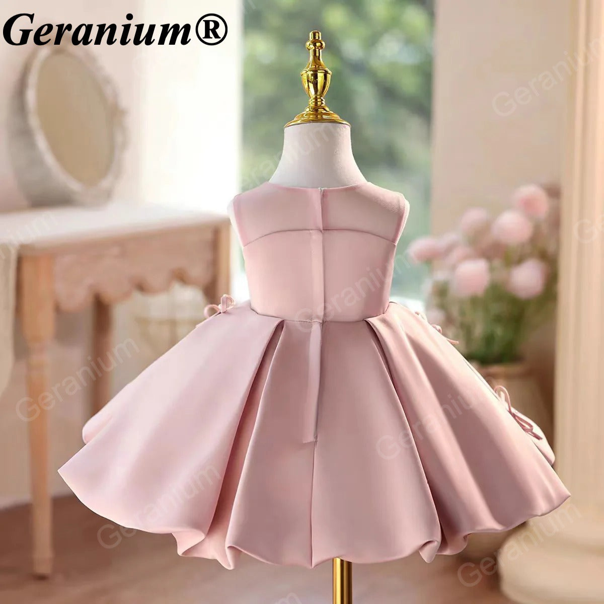 Geranium Elegant Dusty Pink Satin Bow Toddler Girl Princess Dress - Pleated Party Gown for Birthdays & Weddings KD-50