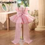 Geranium Sparkling Pink Sequin Toddler Princess Tutu Dress - Puffy Sleeves with Grand Back Bow & Streamers - Birthday & Flower Girl Gown KD-48