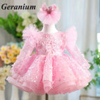 Geranium Pink Butterfly Lace Flower Girl Dress – Puffy Princess Tulle Birthday Party Dress for Girls KD-53