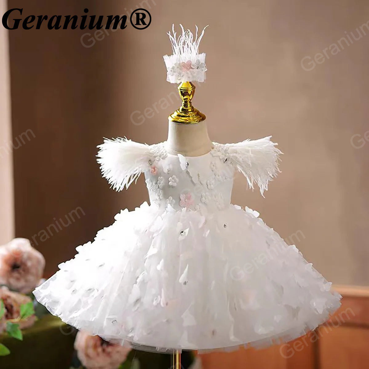 Geranium 3D Butterfly Tulle Toddler Party Dress with Feather Shoulders & Oversized Bow – KD-52