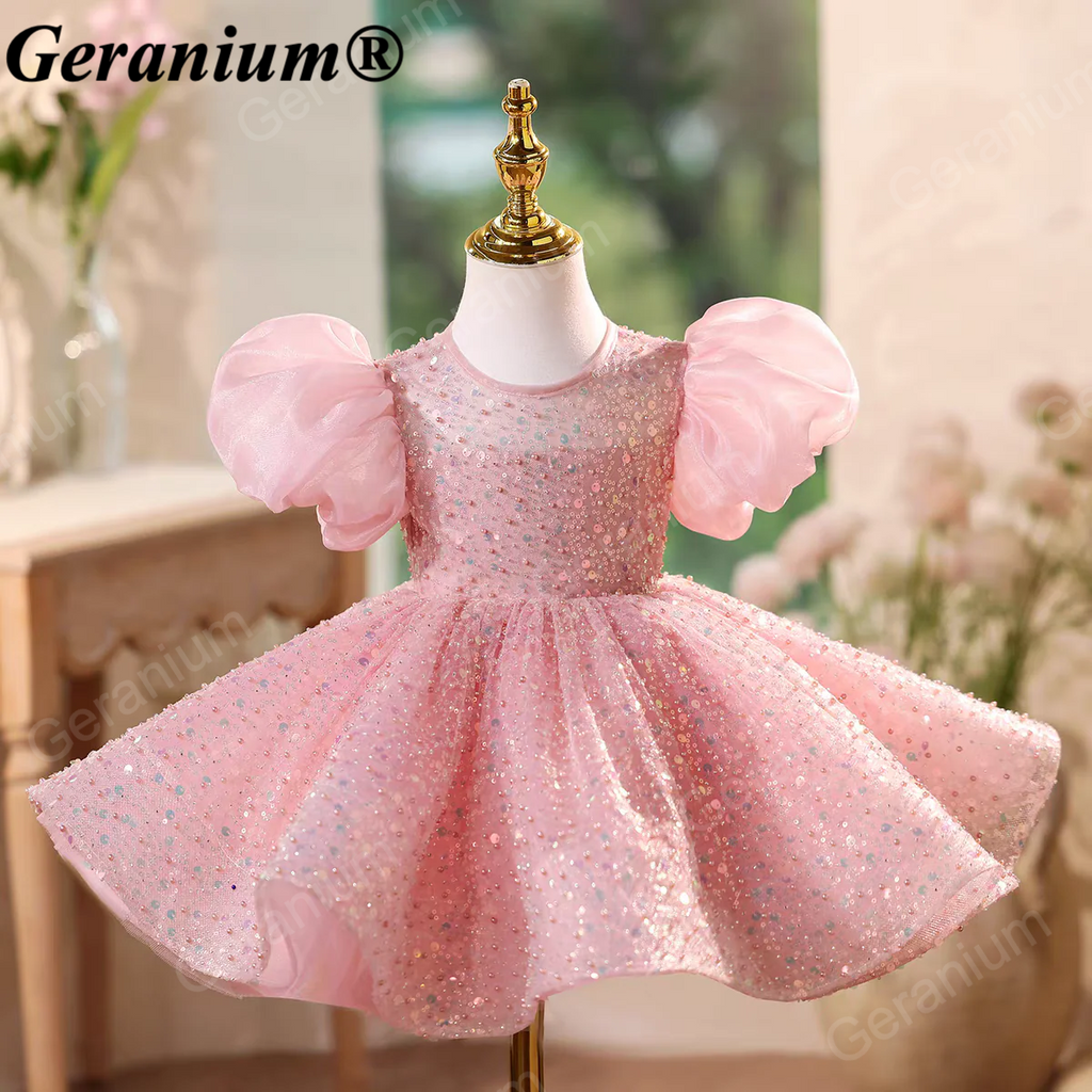 Geranium Sparkling Pink Sequin Toddler Princess Tutu Dress - Puffy Sleeves with Grand Back Bow & Streamers - Birthday & Flower Girl Gown KD-48