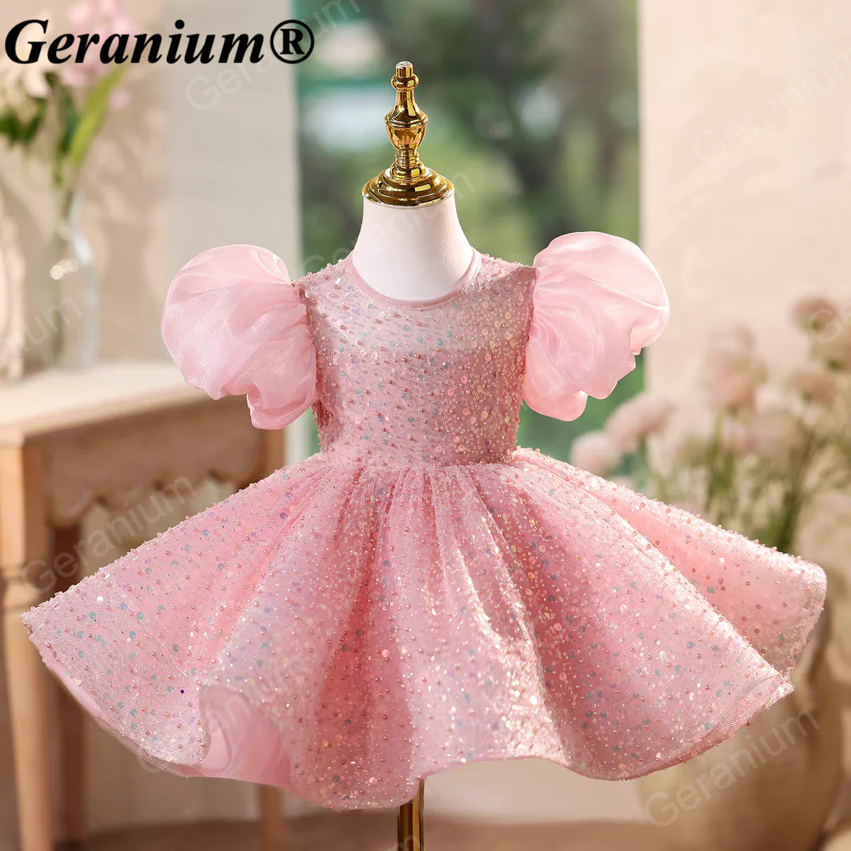 Geranium Sparkling Pink Sequin Toddler Princess Tutu Dress - Puffy Sleeves with Grand Back Bow & Streamers - Birthday & Flower Girl Gown KD-48